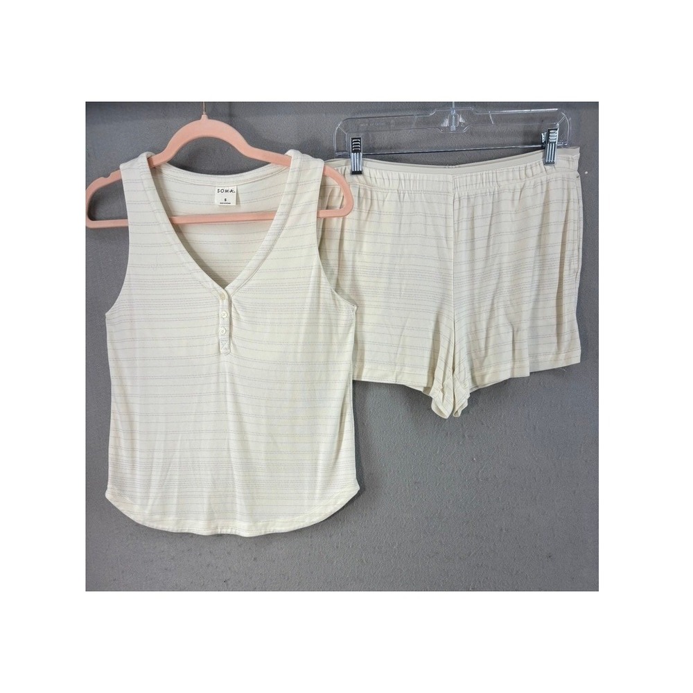 Soma Pajama Set Women S/M Cream Pinstripe Henley Tank and Shorts Loungewear